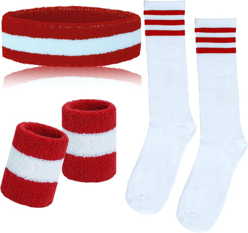 Sucrain 5 Pieces Striped Sweatbands and Socks Set, Sports Sweatbands Wrist Sweat Bands Red, White& Blue High Tube Socks 80s Accessories Costumes for Men Women - Image 1